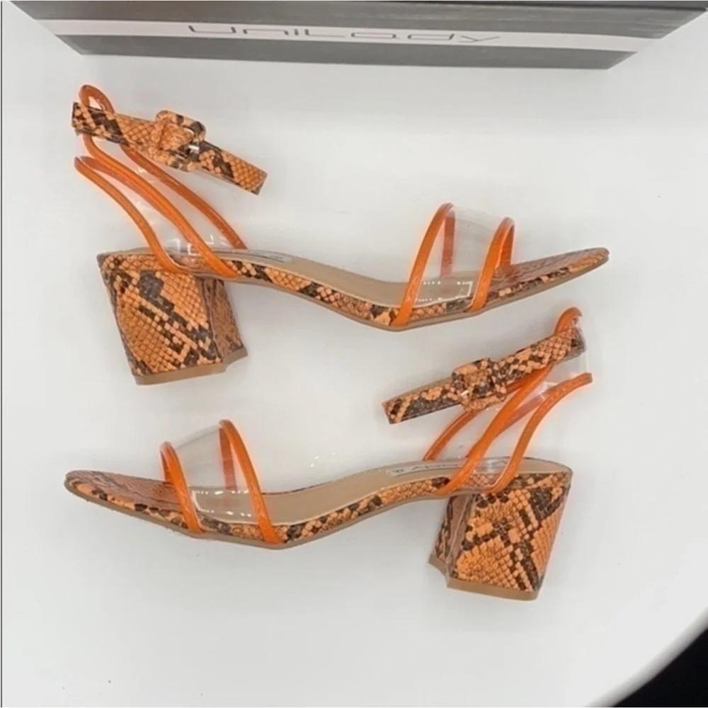 UNILADY Neon Orange Snake Ada block heel sandals